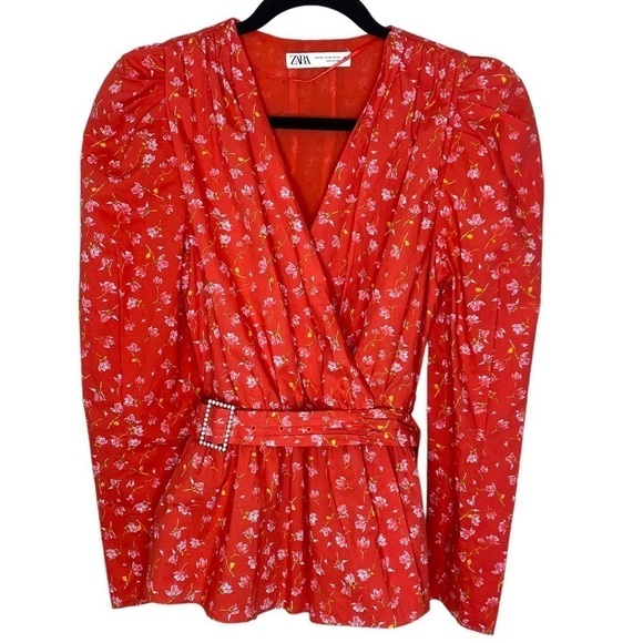 ZARA Belted Floral Wrap Style Long Sleeve Blouse - Picture 6 of 16